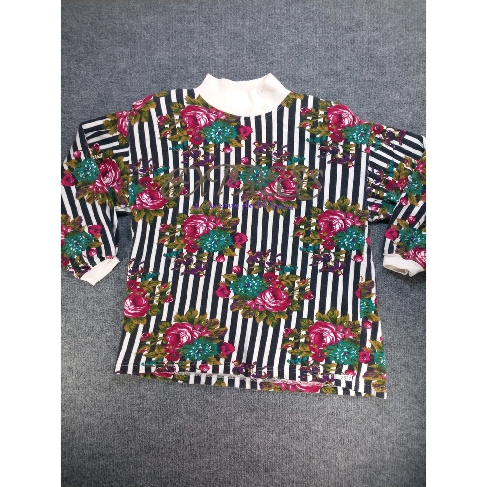 Vintage 90s Express Floral Striped Sweatshirt Women's M Made in Italy Cotton